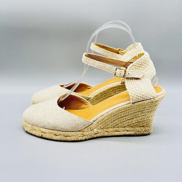 J Crew Sandals Womens 9.5 Beige Canvas Espadrille Wedge Closed Toe Ankle Strap - Picture 5 of 12